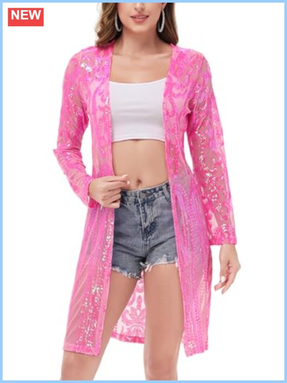 Sparkly Sequin Open Front Long Sleeve Cardigan Glitter Kimono Coverup
